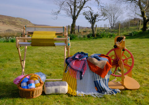 Weft Blown weaving loom, spinning wheel, handwoven items, yarn and fibre
